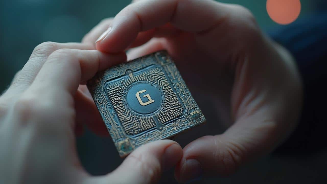 Gros plan sur un cube électronique orné d'un symbole énigmatique