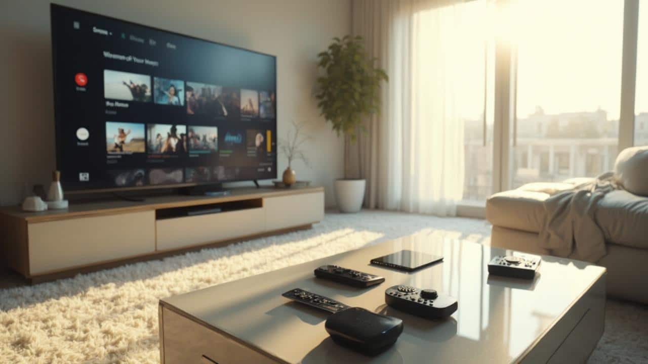 Salon lumineux avec un grand écran TV et des accessoires électroniques