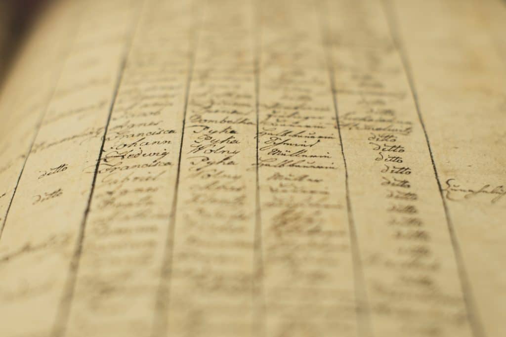 Soft focus of an old book of local records with list of residents' names and information