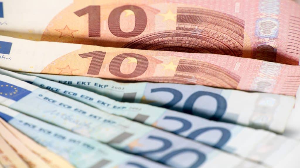 Euros bills of different values. Euro bill of ten and twenty