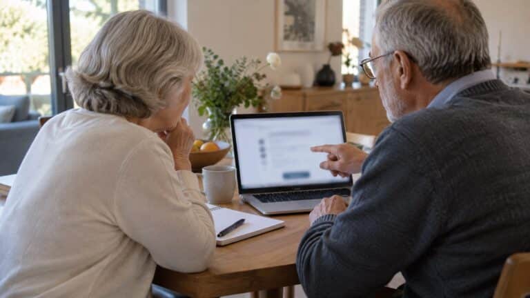 Deux seniors répondent ensemble à une consultation citoyenne en ligne sur un ordinateur portable