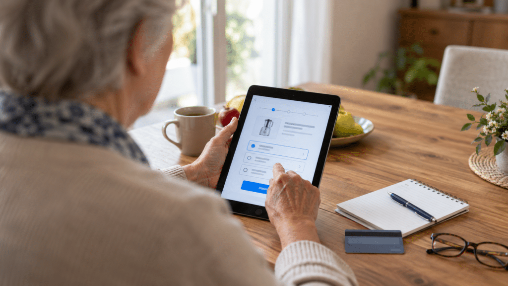 Une senior vérifie une offre de paiement en plusieurs fois sur une tablette avant de valider son achat