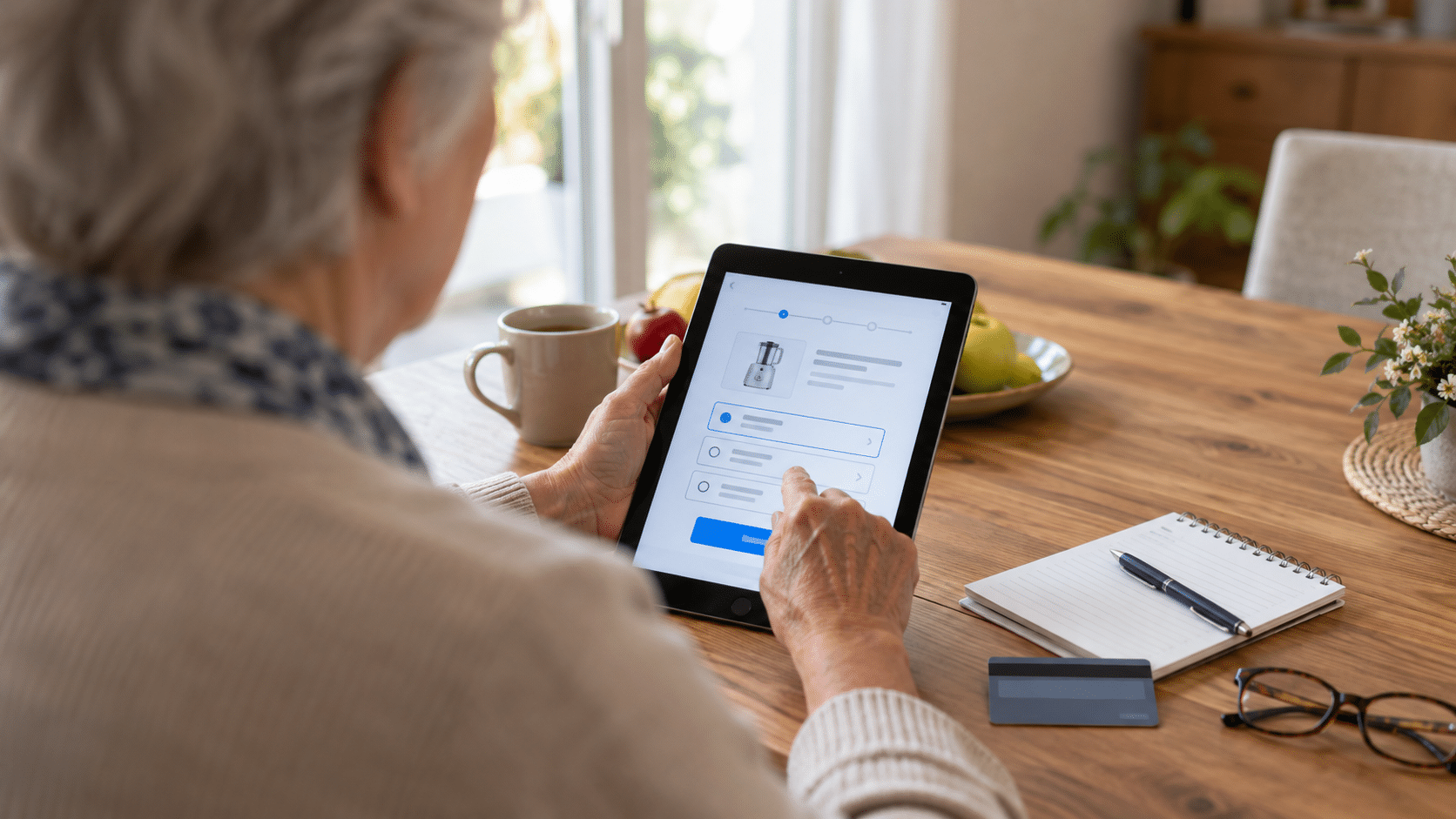 Une senior vérifie une offre de paiement en plusieurs fois sur une tablette avant de valider son achat