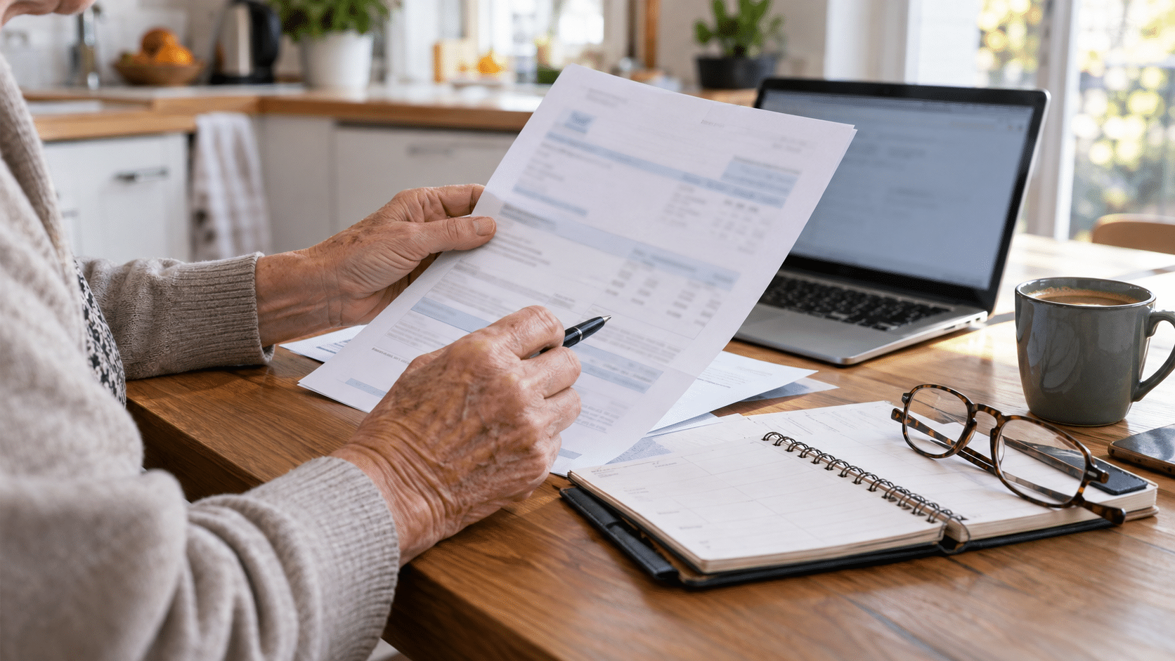 Une personne senior vérifie son avis fiscal et son échéancier de paiement à domicile