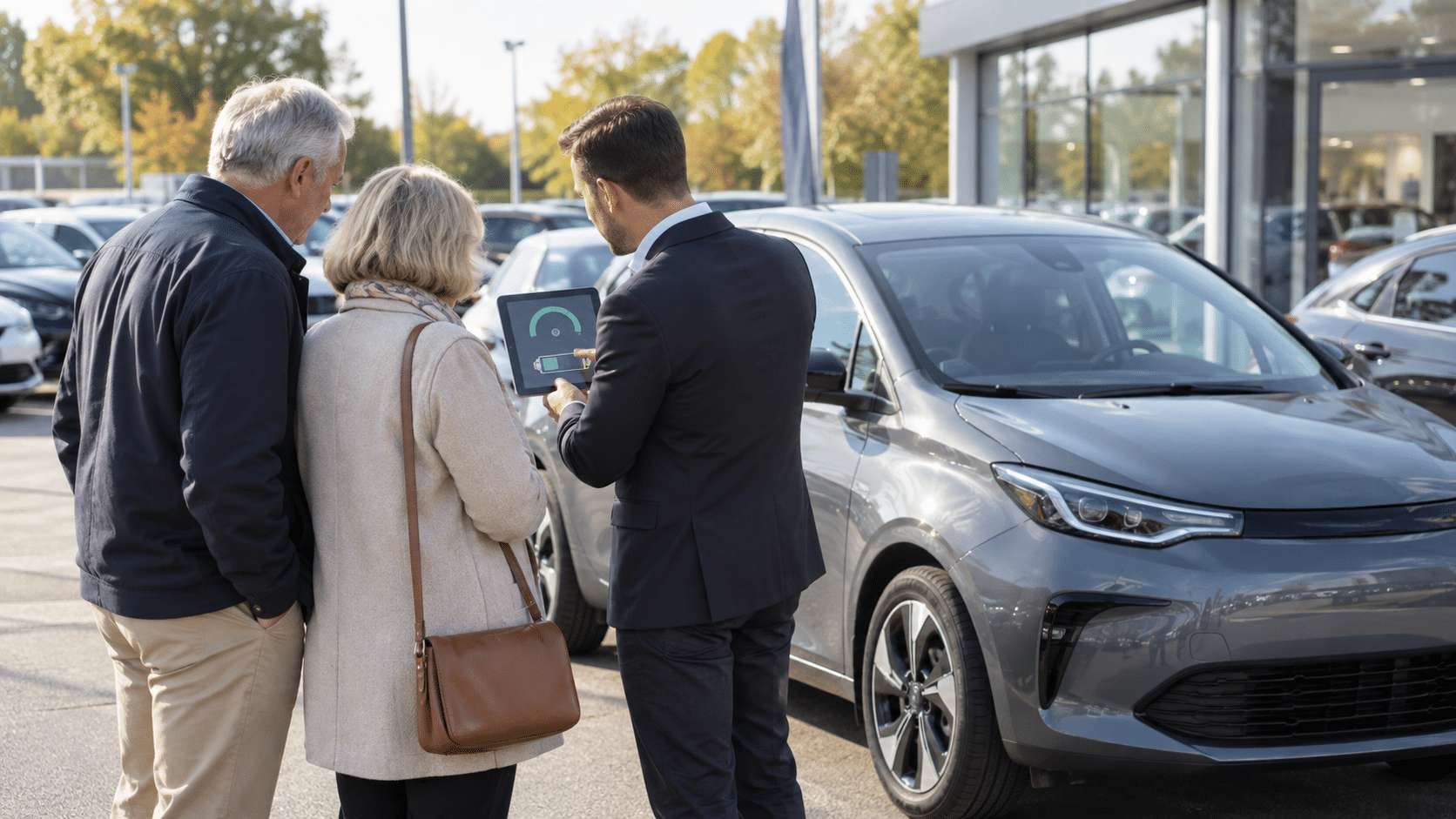 Un couple de seniors examine une voiture électrique d’occasion avec un vendeur