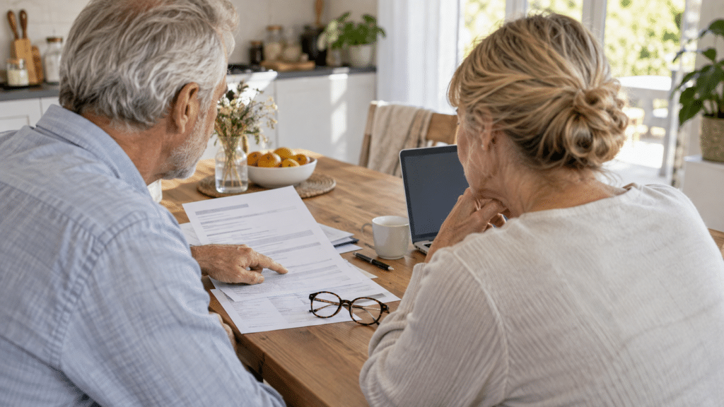 Un couple de seniors vérifie un avis d’impôt et ses justificatifs sur une table