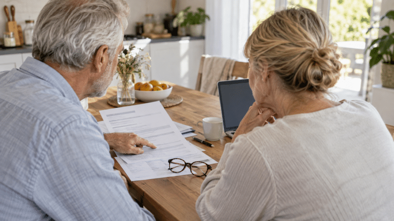 Un couple de seniors vérifie un avis d’impôt et ses justificatifs sur une table