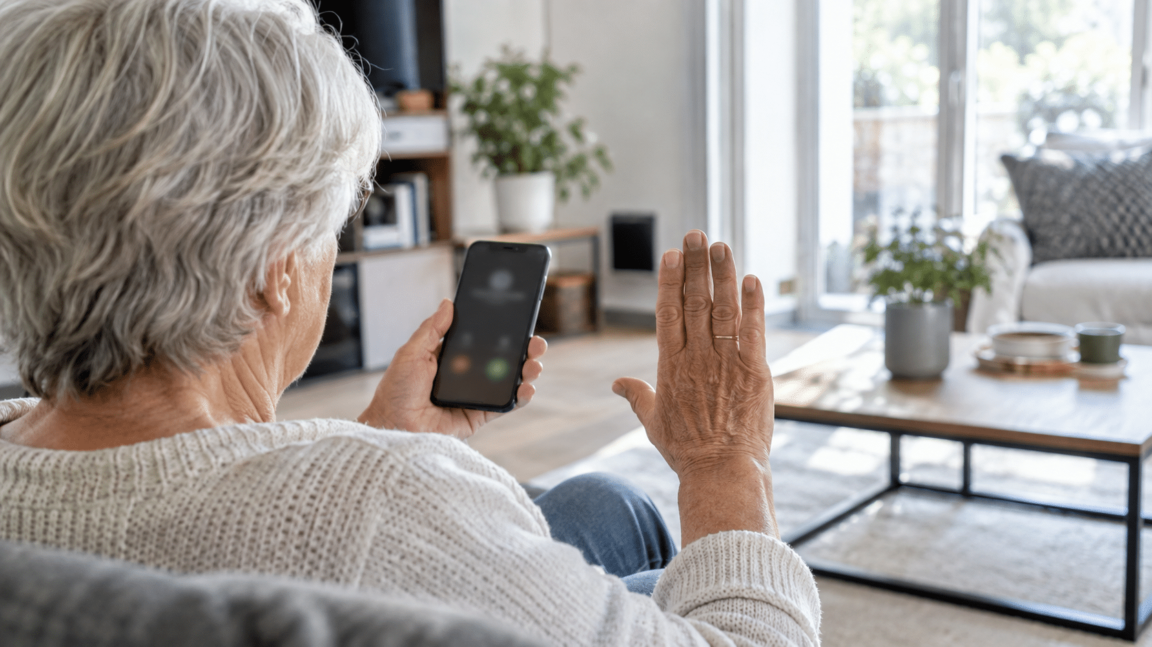 Personne senior refusant un appel commercial non sollicité sur son téléphone à domicile