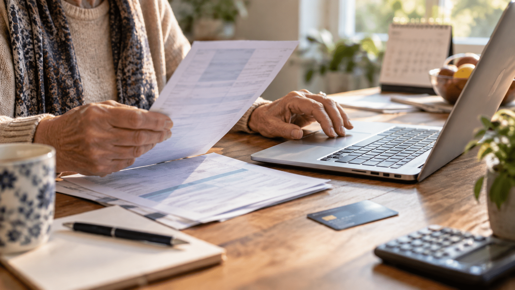 Personne senior vérifiant un avis d’impôt et ses coordonnées bancaires sur un ordinateur portable à son domicile