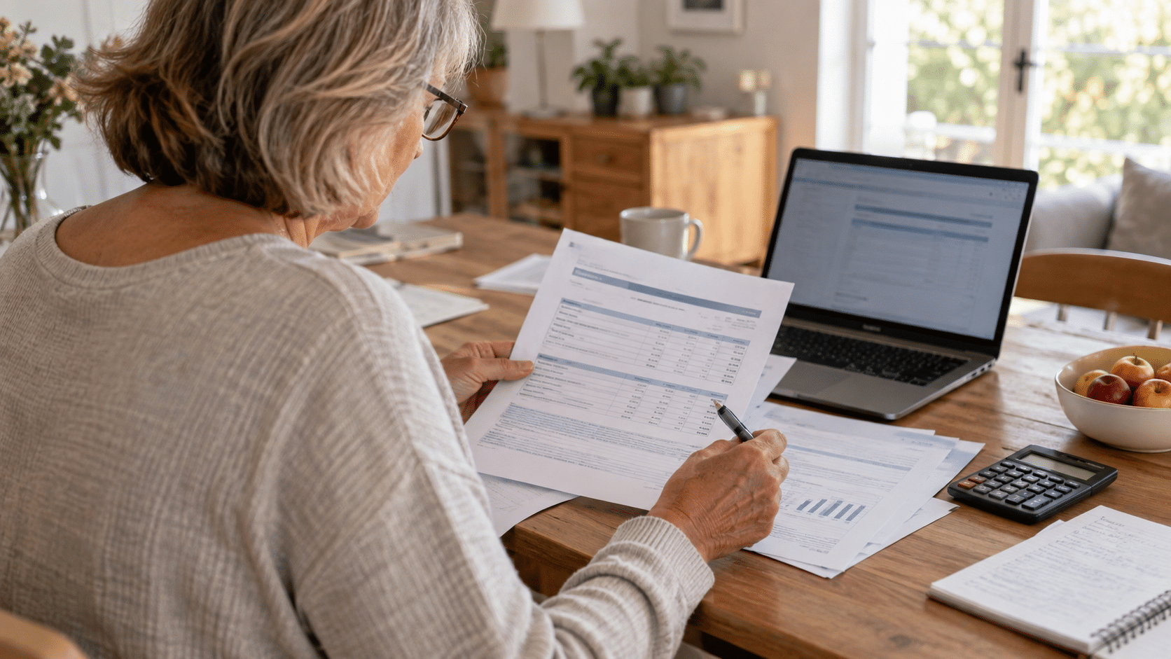 Femme senior vérifiant son relevé de carrière et ses documents de retraite à domicile