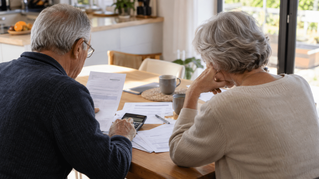 Couple de seniors examinant un relevé de pension et des factures à la table de leur cuisine