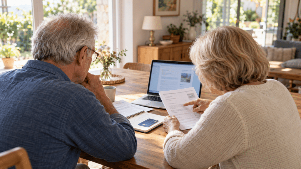 Un couple de seniors vérifie son avis de taxe foncière sur un ordinateur à la maison