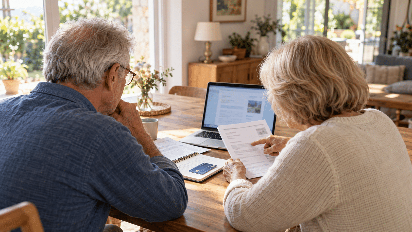 Un couple de seniors vérifie son avis de taxe foncière sur un ordinateur à la maison