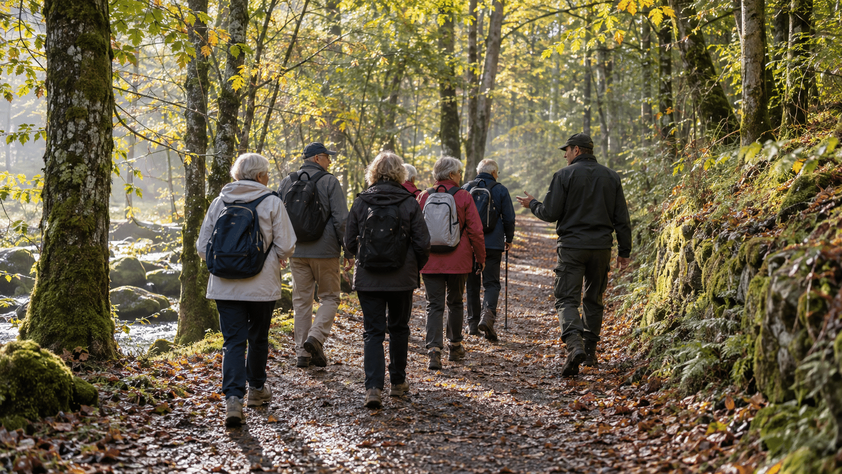 Groupe de seniors accompagné par un agent forestier sur un sentier en forêt au début de l’automne