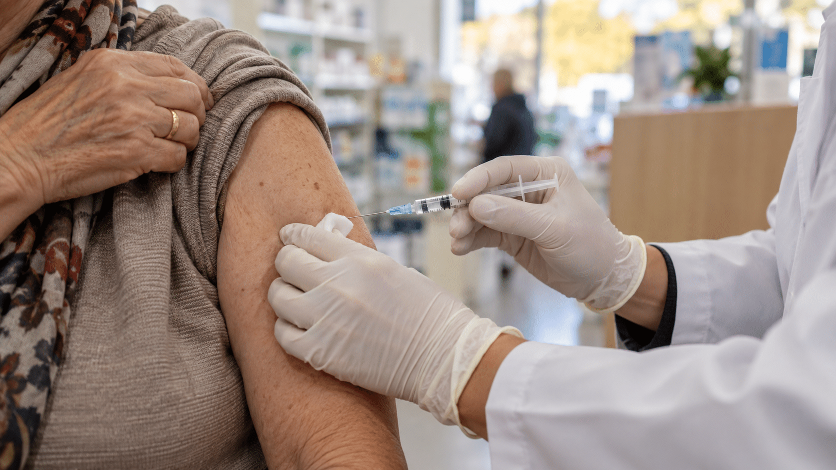 Vaccination antigrippale d’une personne senior dans une pharmacie