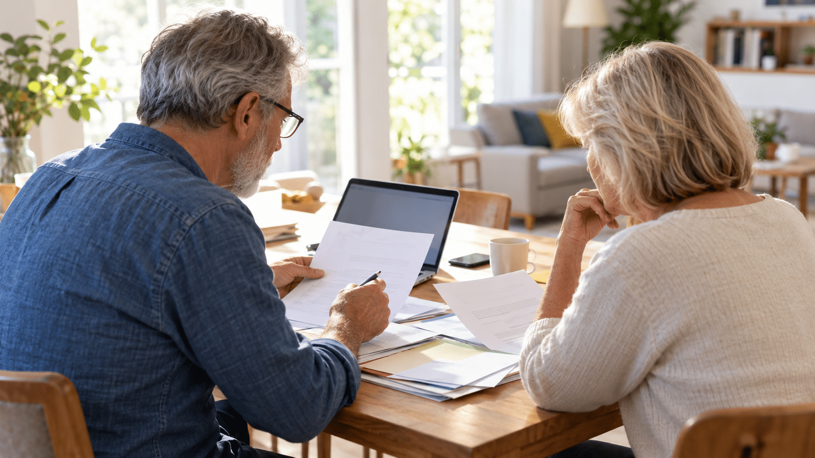 Couple senior examinant des courriers administratifs et un ordinateur à domicile