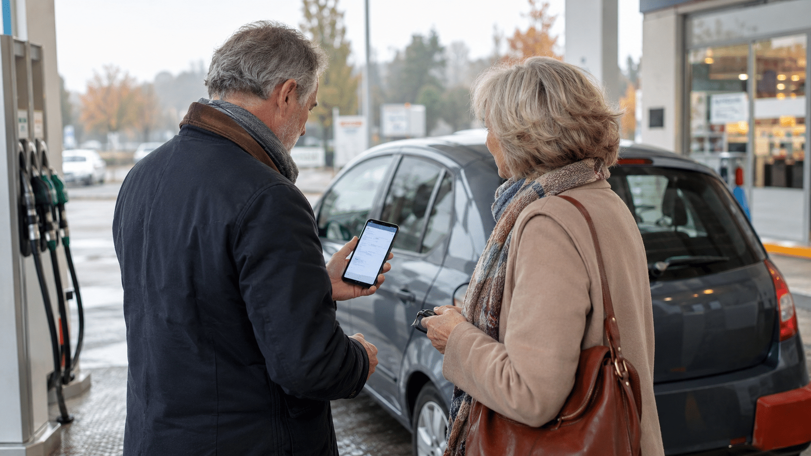 Couple de seniors actifs consultant une démarche sur smartphone près de leur voiture dans une station-service