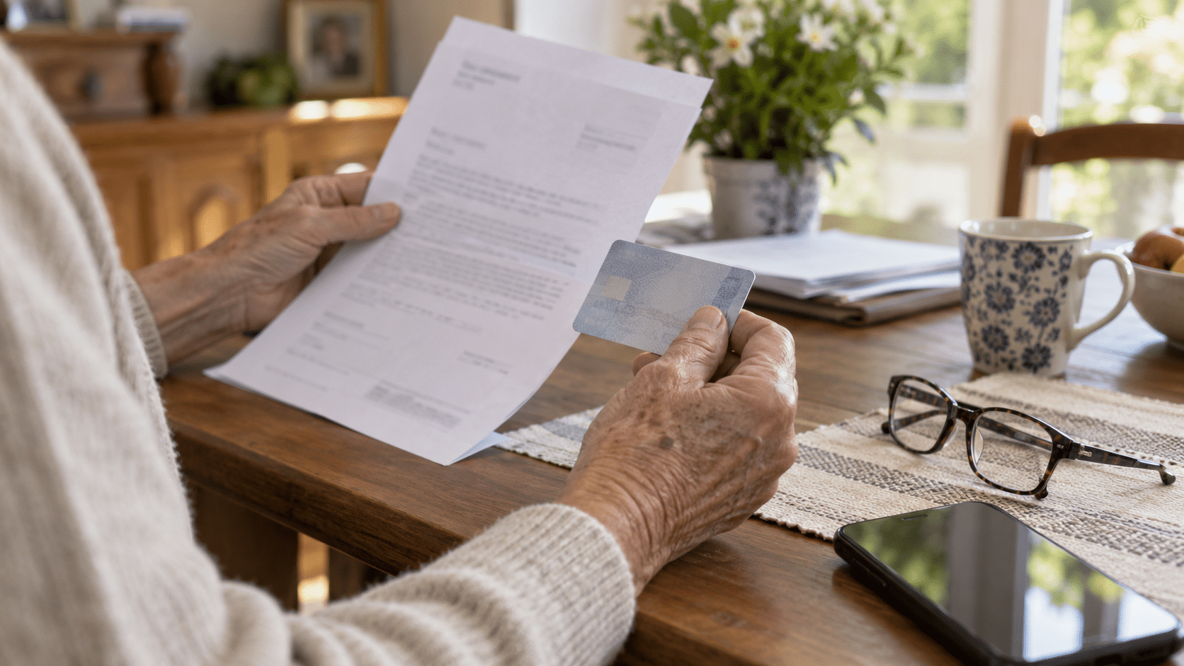 Personne senior consultant un courrier administratif et une carte mobilité inclusion à domicile