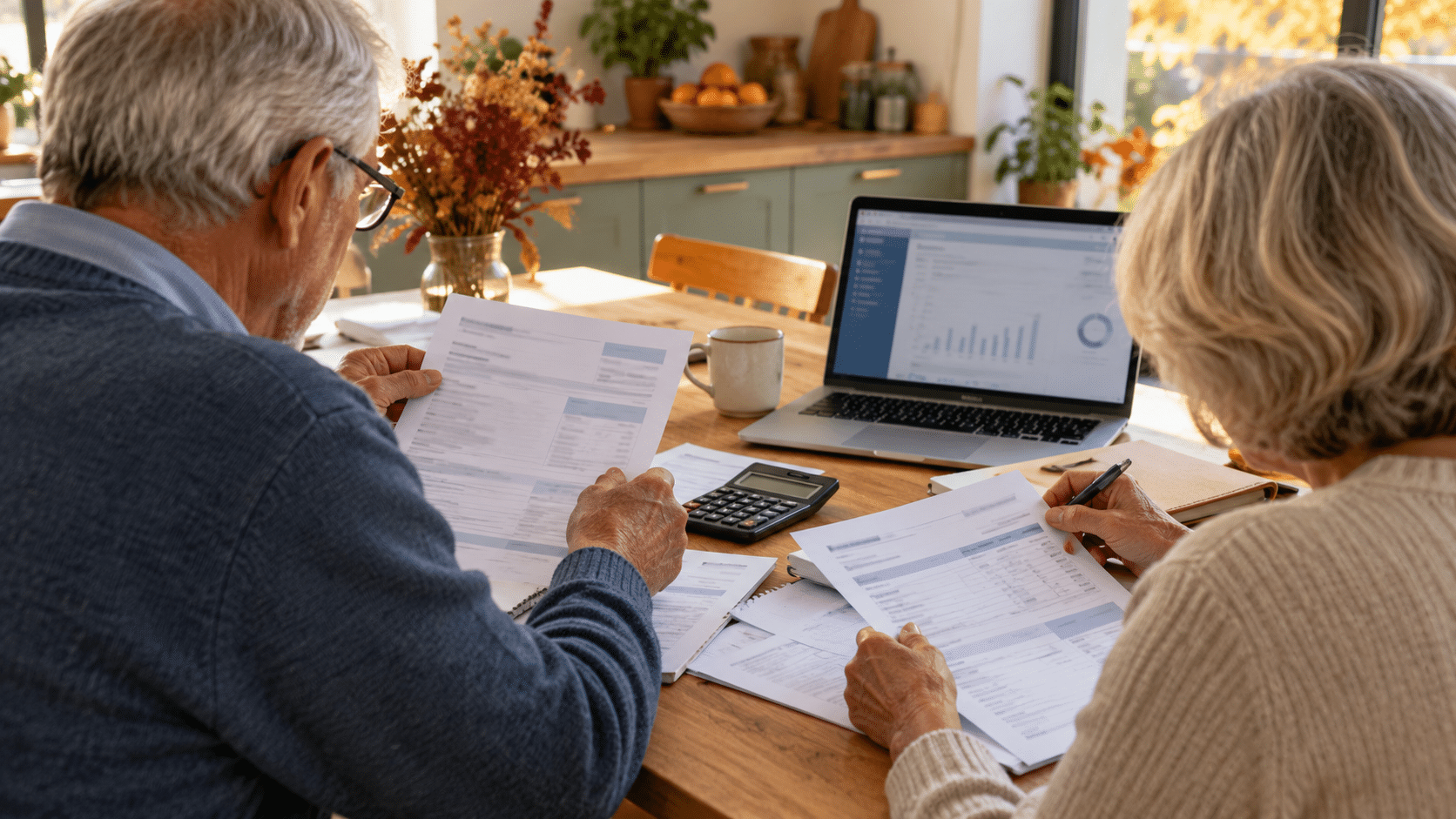 Couple de seniors vérifiant des avis fiscaux et un relevé bancaire à la maison
