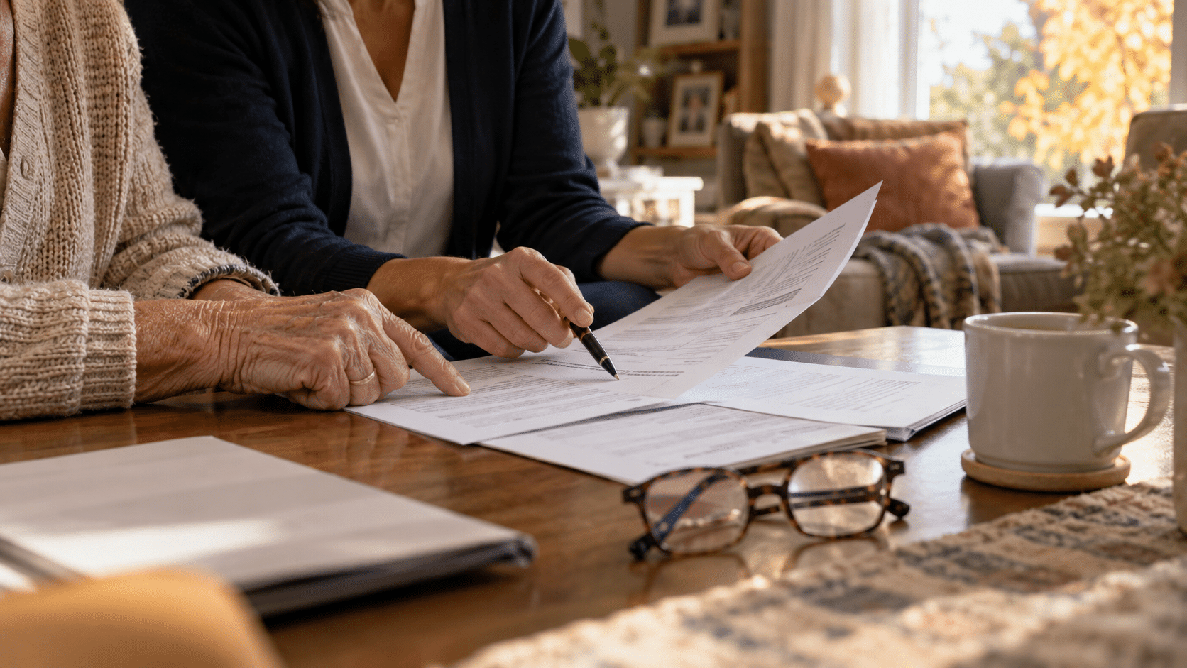 Une personne âgée et une aide à domicile vérifient ensemble un contrat sur une table