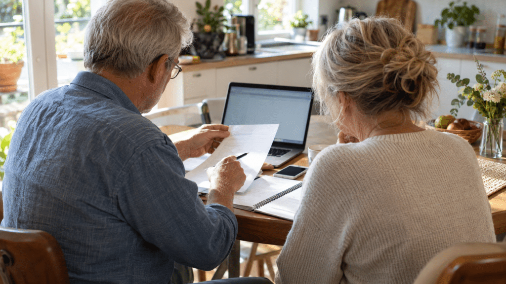 Couple senior vérifiant un dossier d’aide à l’autonomie sur une table de cuisine