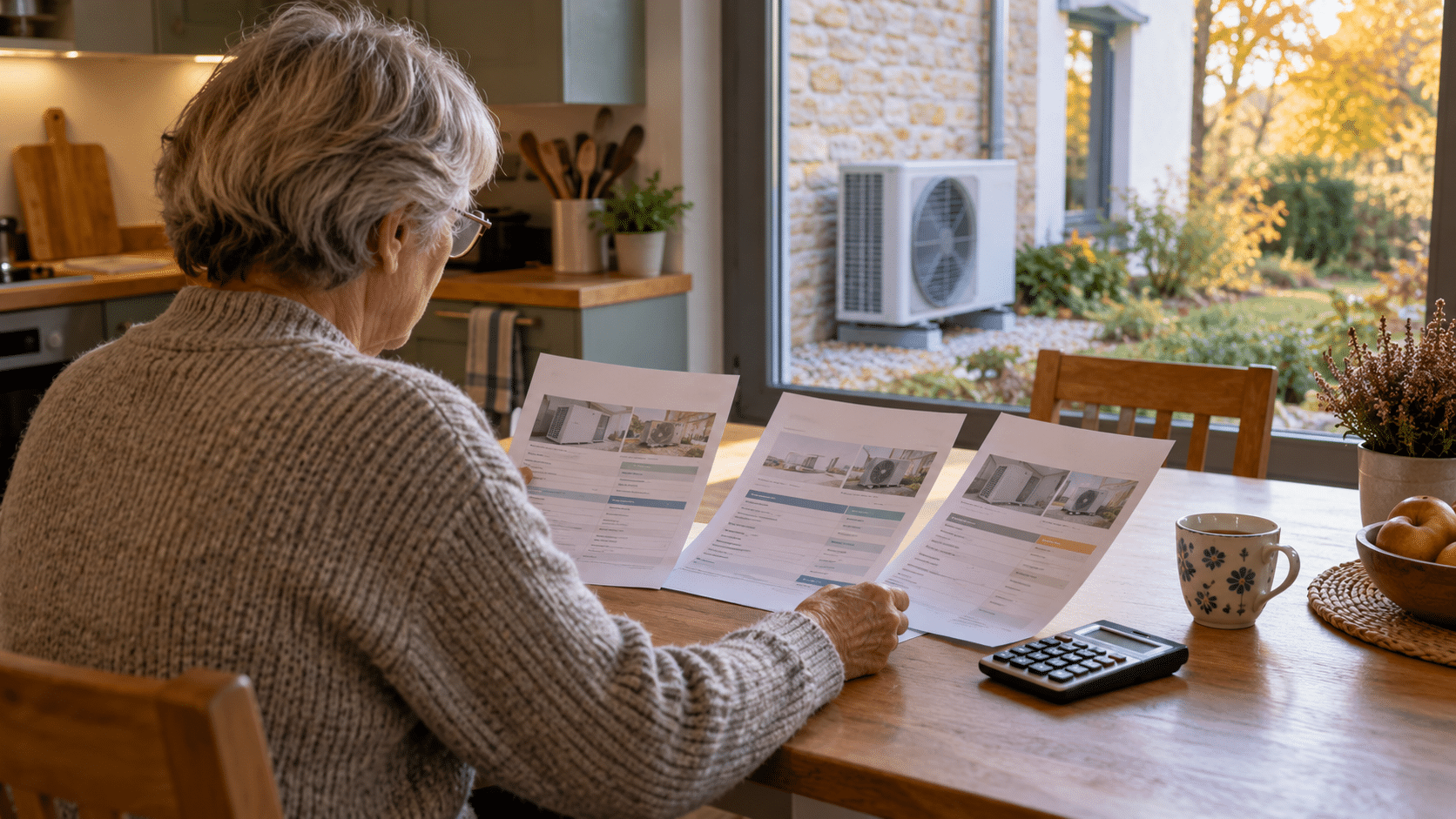 Une propriétaire senior compare des devis de pompe à chaleur dans sa maison