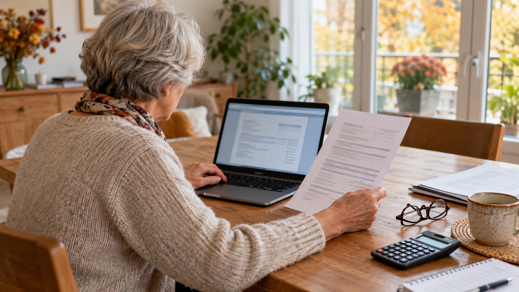 Une retraitée vérifie son relevé de pension complémentaire sur un ordinateur portable