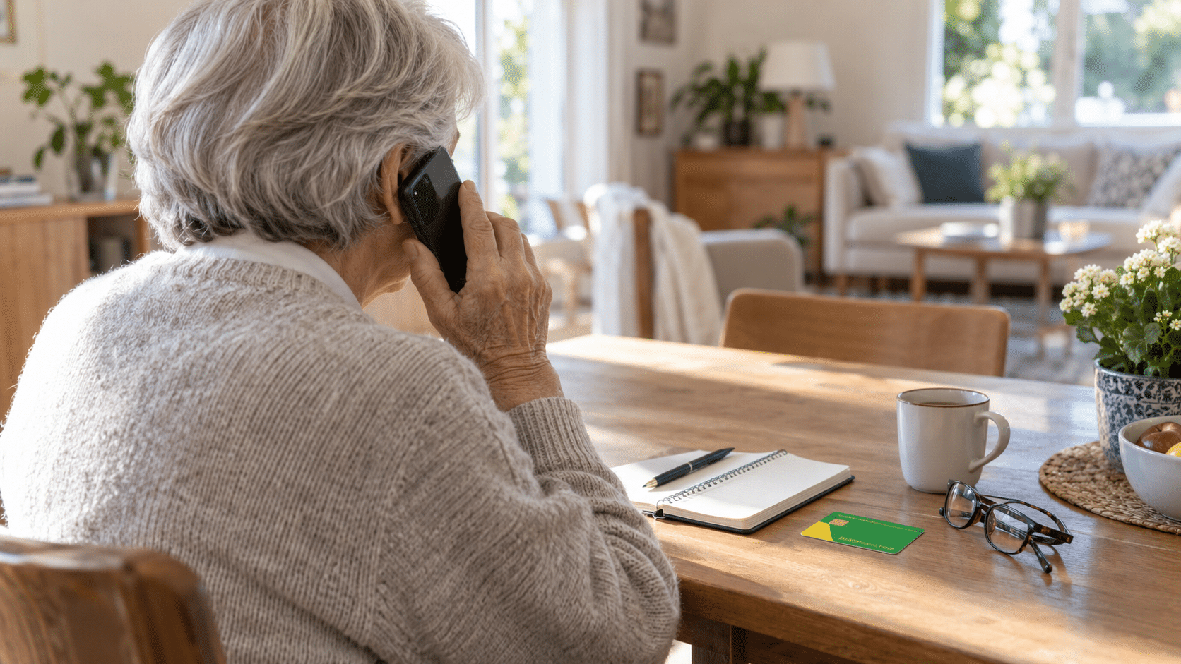 Une femme senior vérifie prudemment un appel téléphonique à son domicile