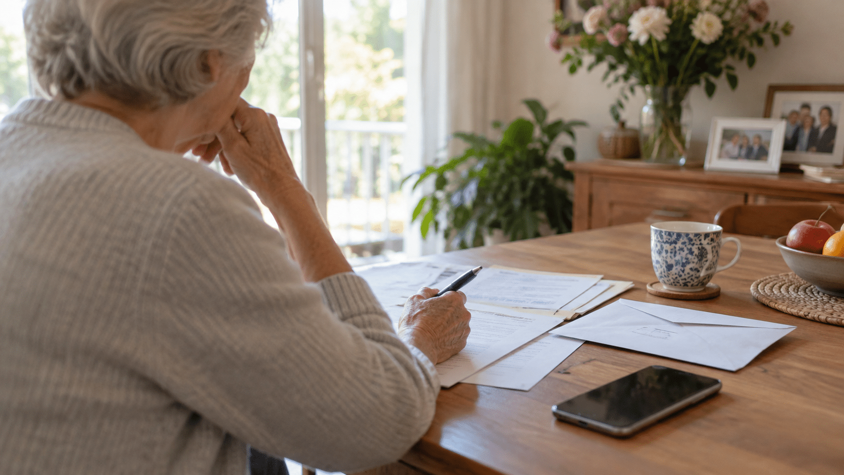 Une femme senior examine des documents de donation familiale à sa table