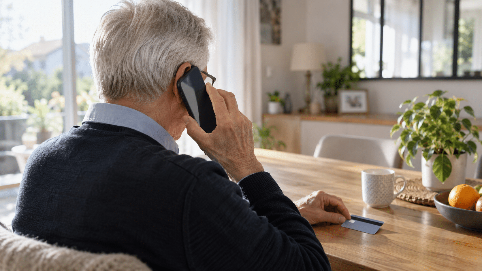 Un senior raccroche un appel bancaire suspect près de sa carte posée sur une table
