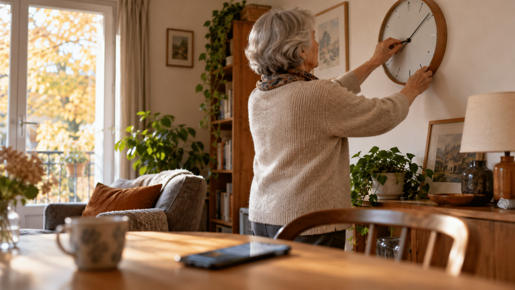 Une femme senior règle une horloge murale avant le passage à l’heure d’hiver