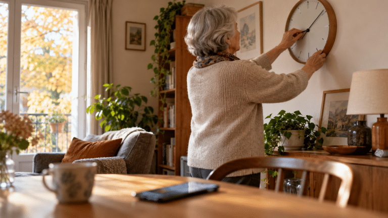 Une femme senior règle une horloge murale avant le passage à l’heure d’hiver