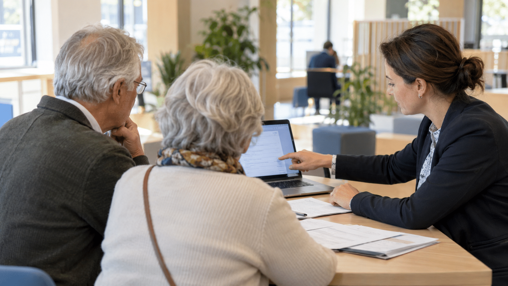 Un couple de seniors accompagné par une conseillère pour une démarche administrative en ligne