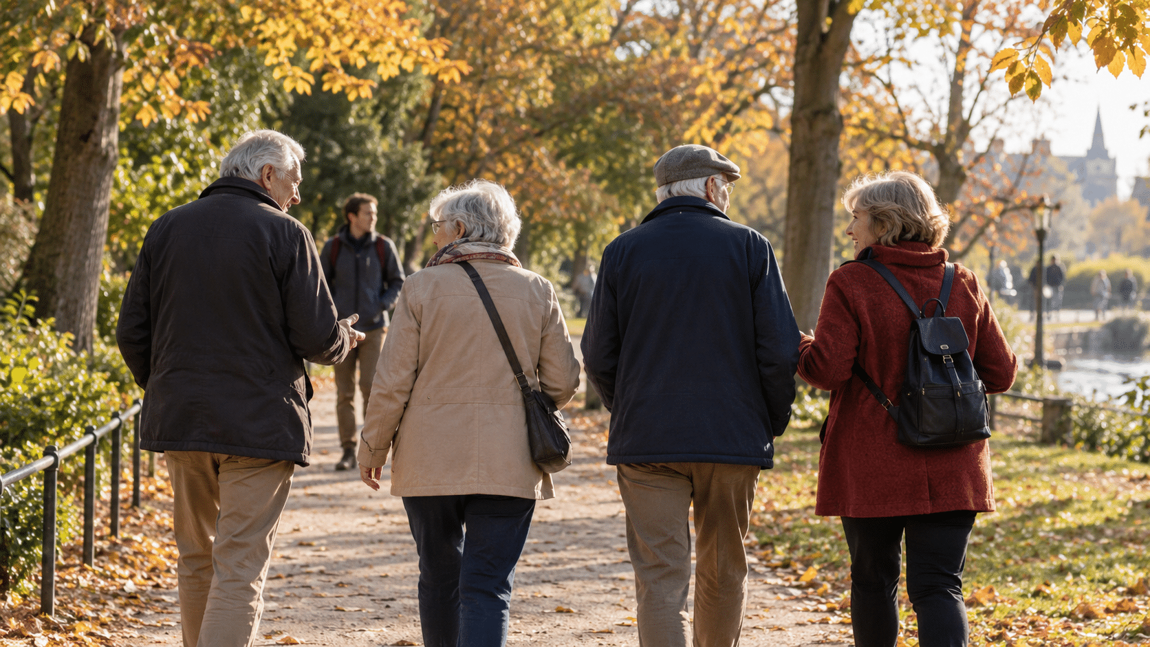 Quatre seniors participent à une promenade conviviale dans un parc en automne