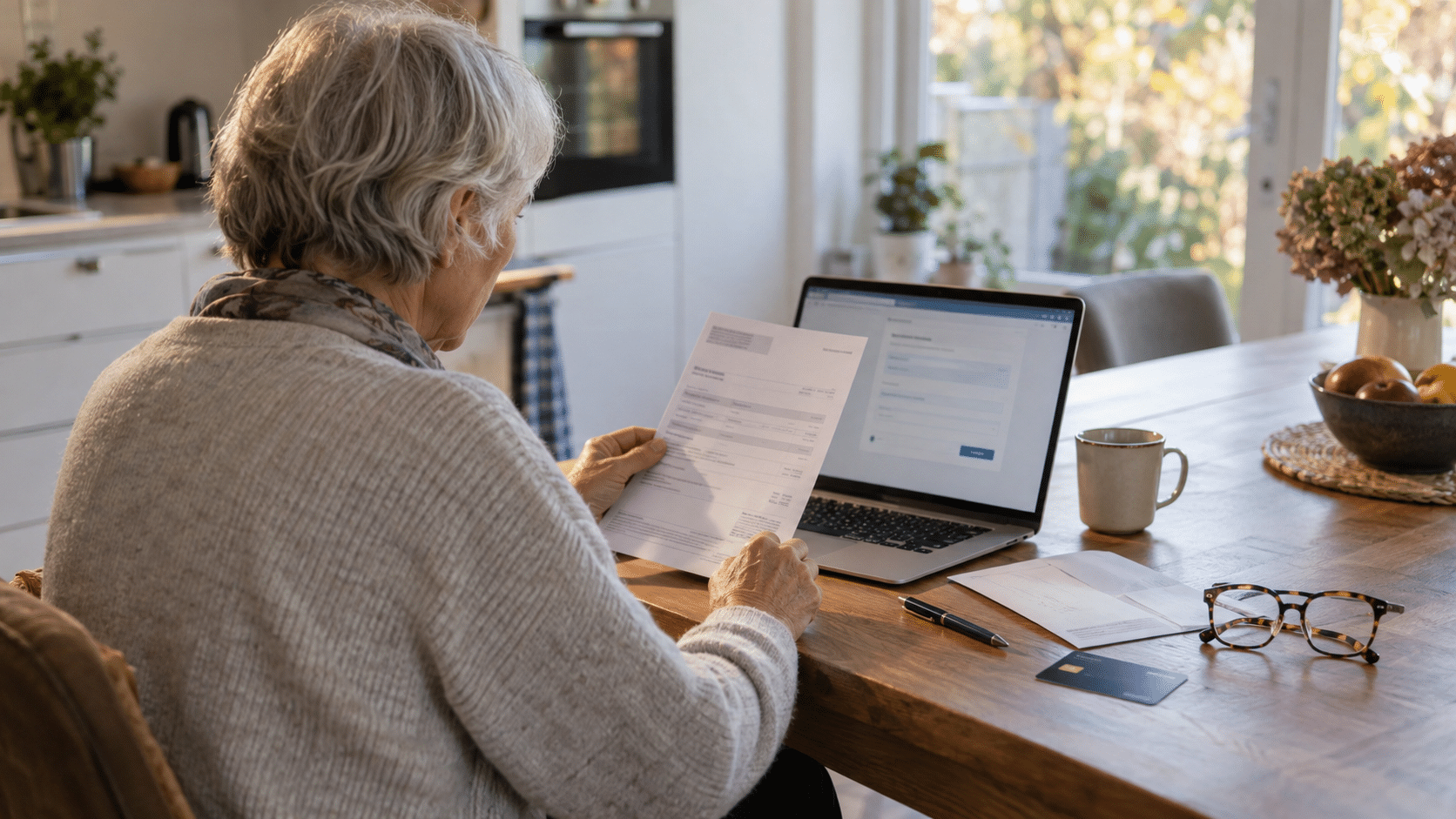 Une femme senior vérifie son avis de taxe foncière sur un ordinateur à la maison