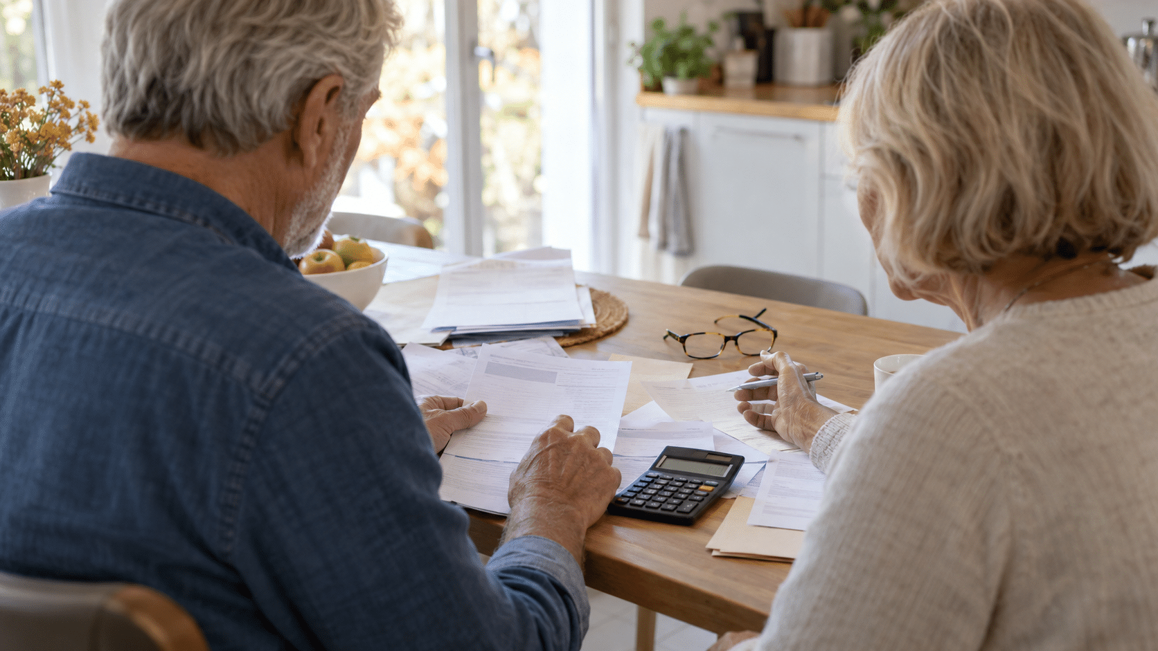 Couple senior consultant des documents fiscaux et ses relevés de pension à domicile