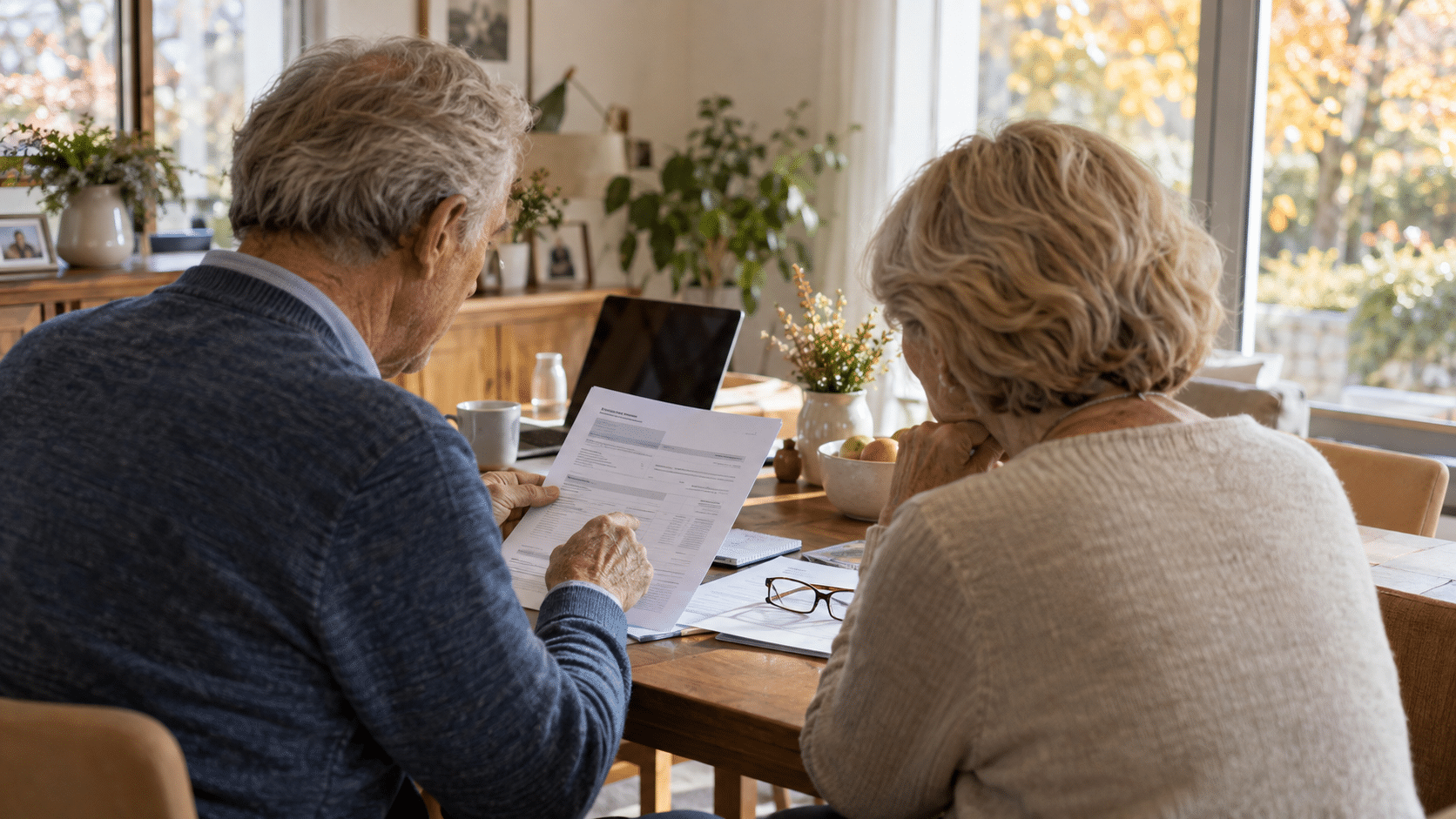 Couple senior vérifiant un avis fiscal de résidence secondaire à son domicile